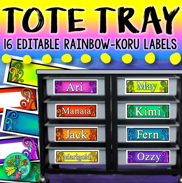 Tote Tray Labels Editable Rainbow Koru Theme